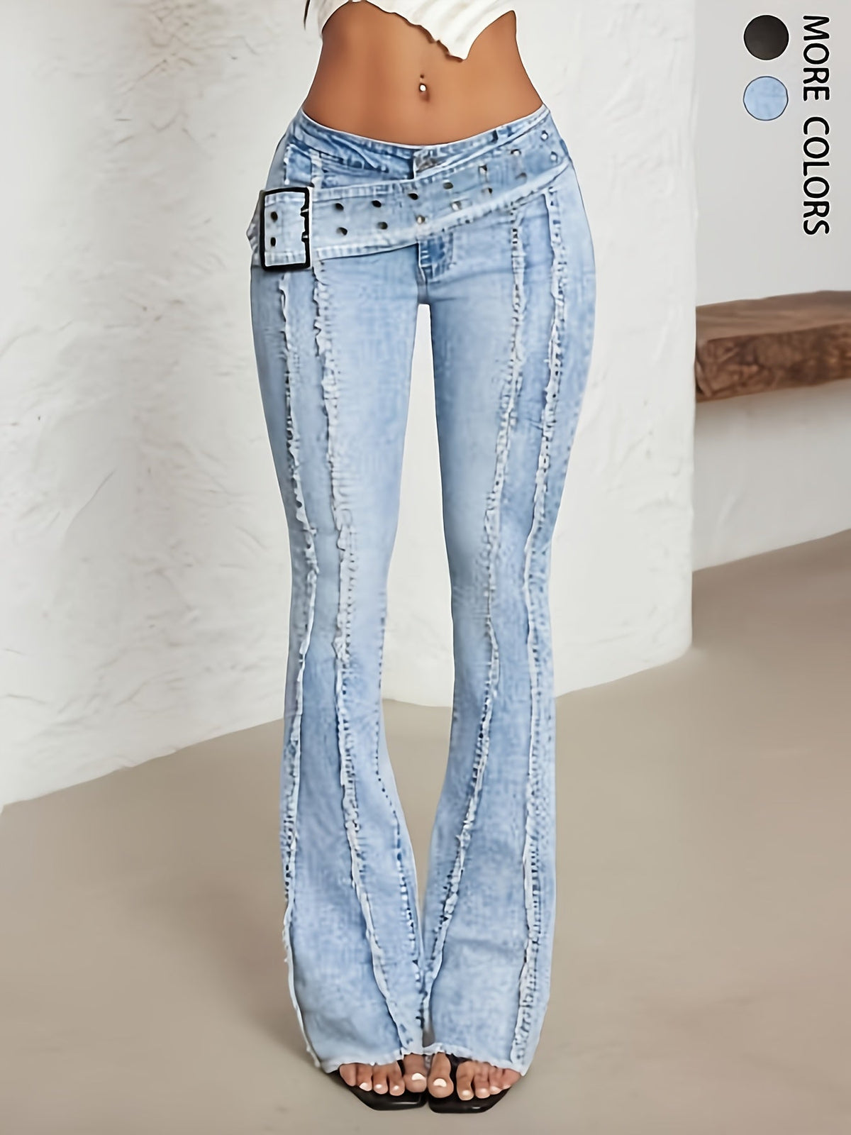 Women's Distressed Grommet Buckle Flare Jeans with Low Rise, Raw Seams and Frayed Hem