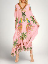 Women's Tropical Print Kaftan Maxi Dress with Sequin V-Neck and Batwing Sleeves