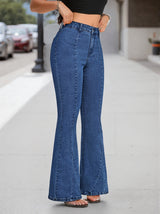 Women's Medium Blue Bell Bottom Flare Jeans with High Waist, Seamed Front and Stretch Denim