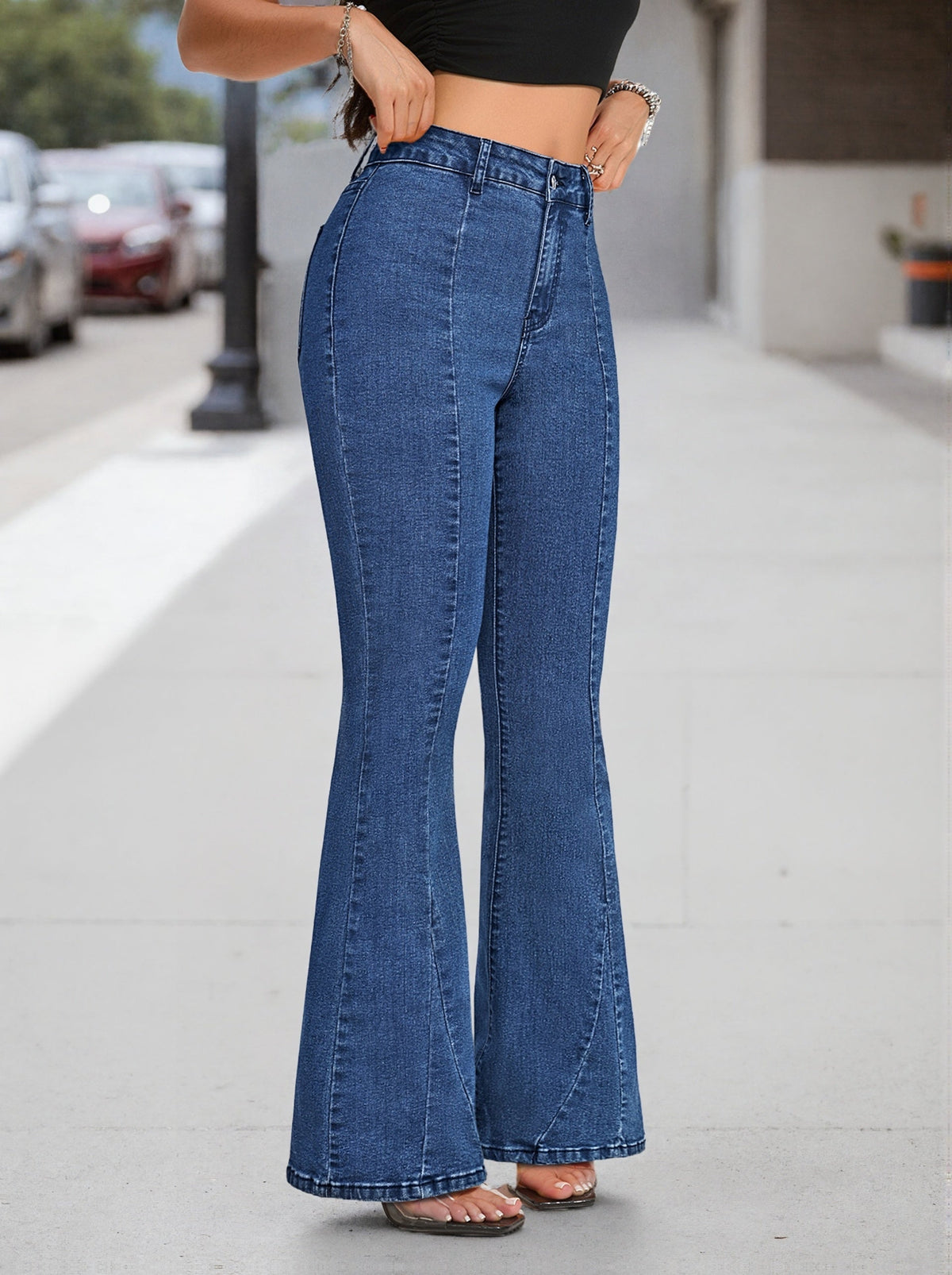 Women's Medium Blue Bell Bottom Flare Jeans with High Waist, Seamed Front and Stretch Denim