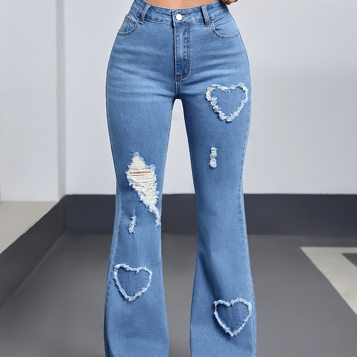 Women's Light Blue Heart Patch Flare Jeans with High Waist, Distressed Rips and Frayed Hem