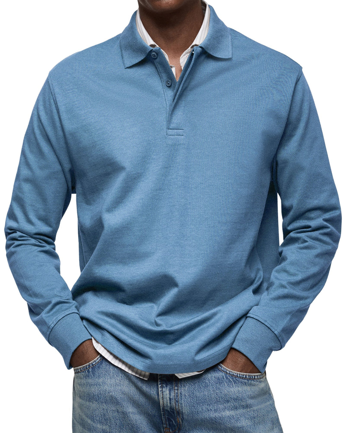 Luca Men’s Classic Long Sleeve Polo Shirt with Button Collar and Ribbed Cuffs