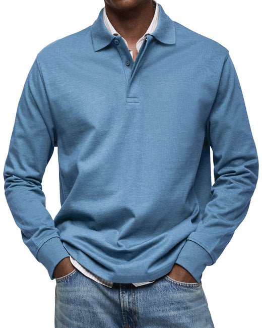 Luca Men’s Classic Long Sleeve Polo Shirt with Button Collar and Ribbed Cuffs