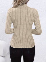 Women's Ribbed Knit Top with Mock Neck Long Sleeves Fitted Casual Style
