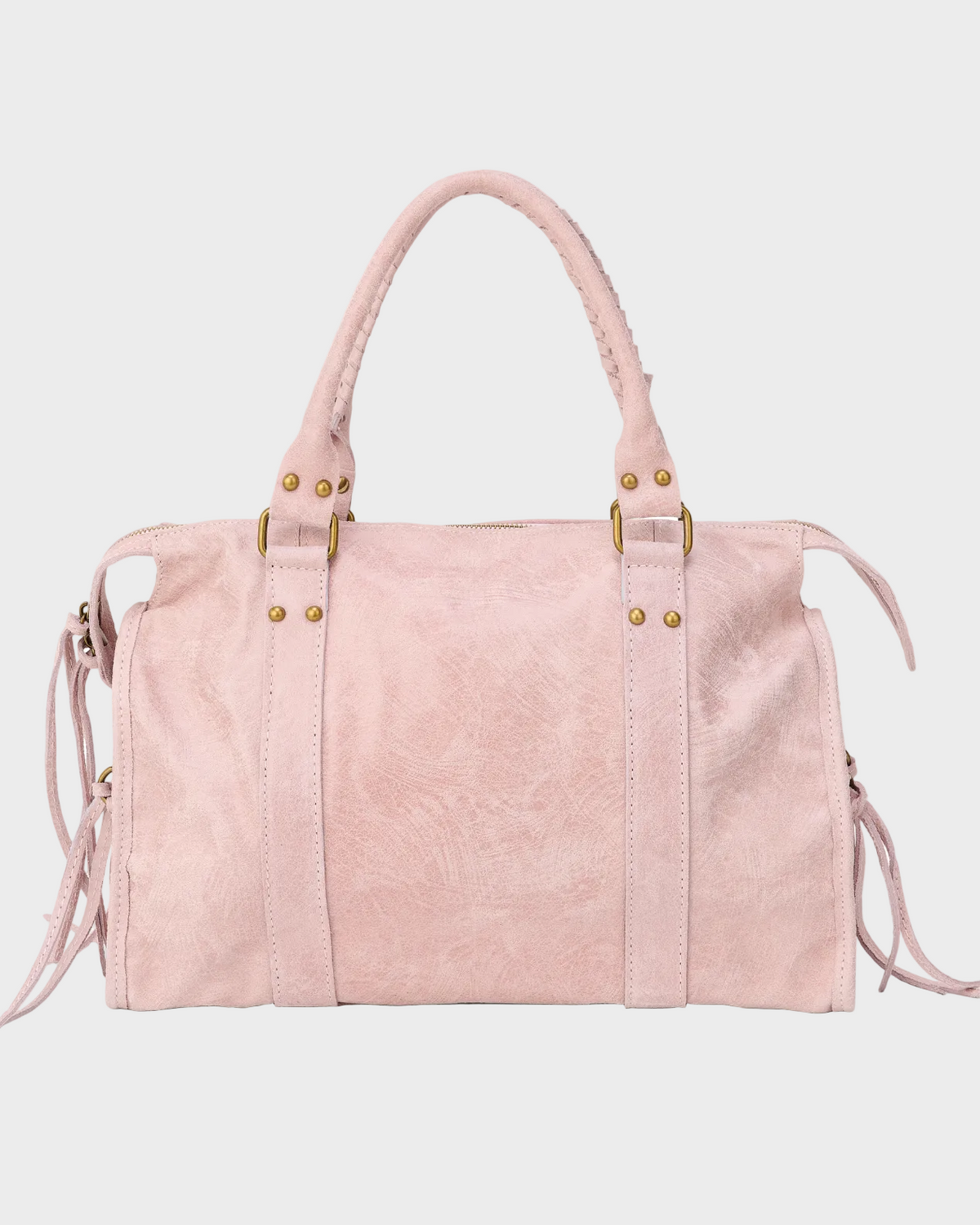 Women's Suede Satchel Handbag with Fringe Tassels, Studs and Front Zip Pocket