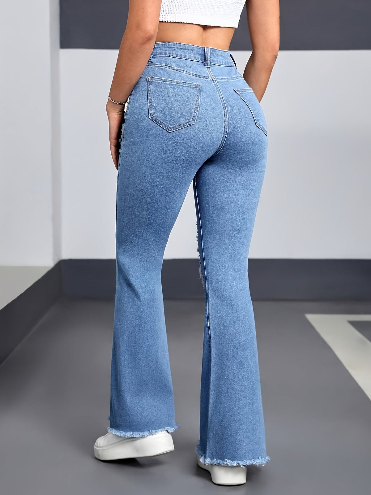 Women's Light Blue Heart Patch Flare Jeans with High Waist, Distressed Rips and Frayed Hem