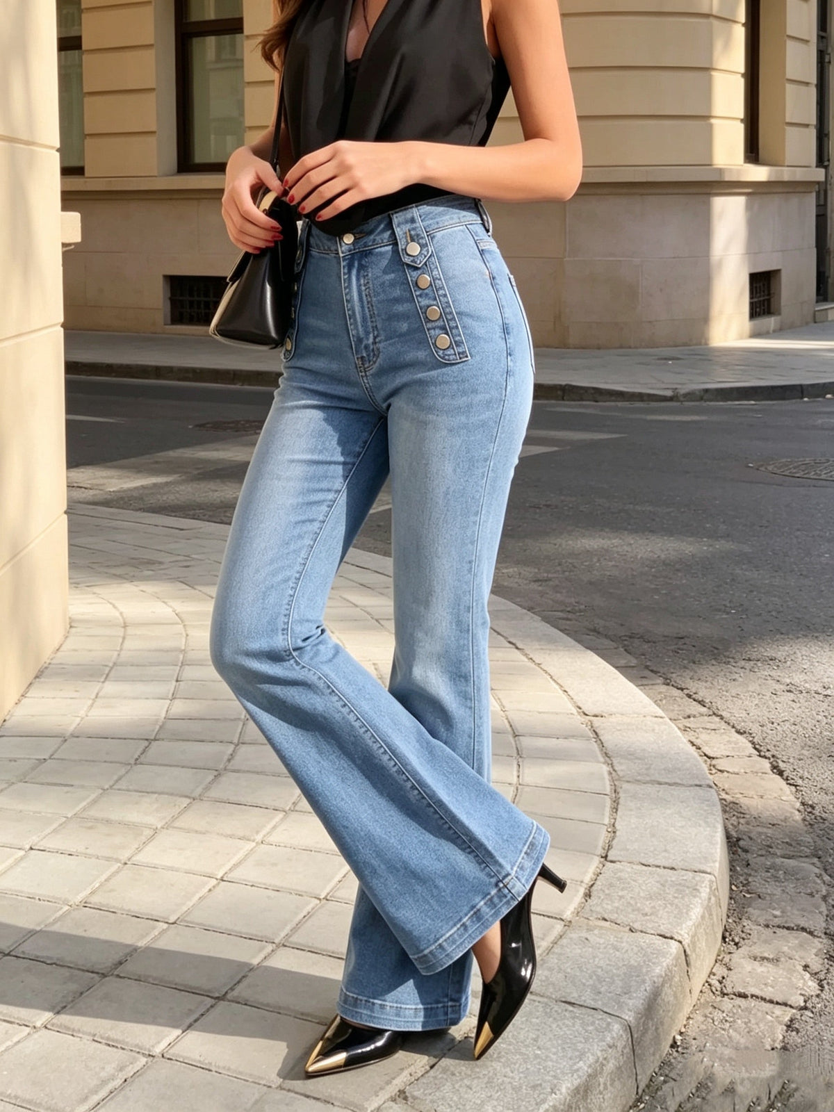 Women's Light Blue Sailor Button Flare Jeans with High Waist, Snap Button Detail and Stretch Denim