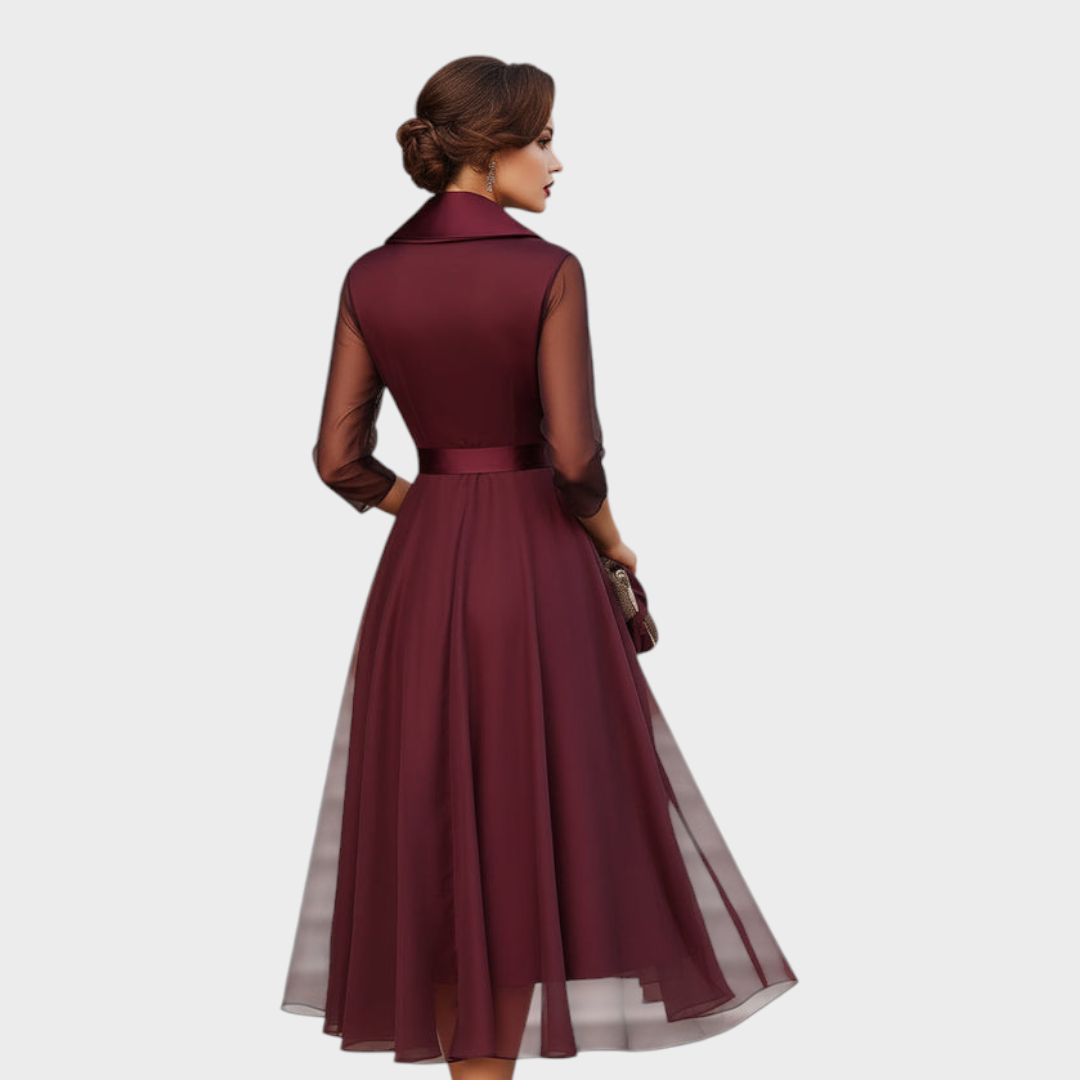 Women's Burgundy Midi Wrap Dress with Sheer Sleeves, Waist Belt and Asymmetrical Skirt
