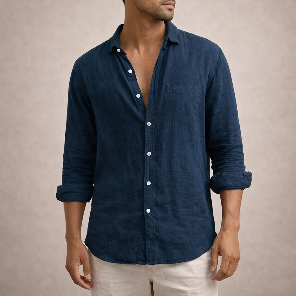 Emiliano Men’s Lightweight Textured Long Sleeve Button-Up Shirt with Relaxed Smart-Casual Fit