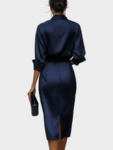 Women's Navy Blue Satin Midi Dress with Draped Cowl Collar, Waist Belt and Three-Quarter Sleeves