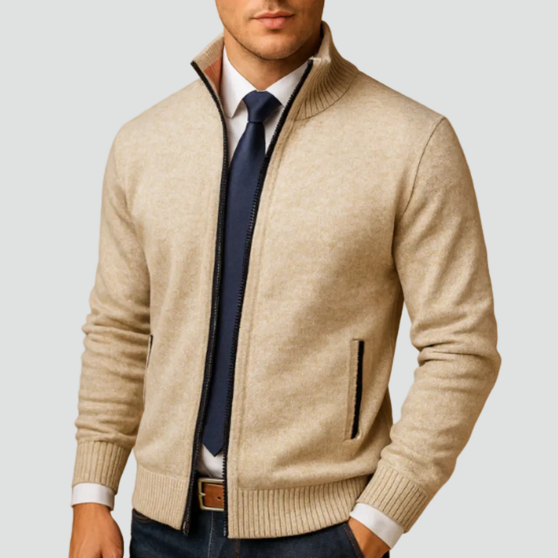 Men's Knitted Zip Cardigan with Standing Collar