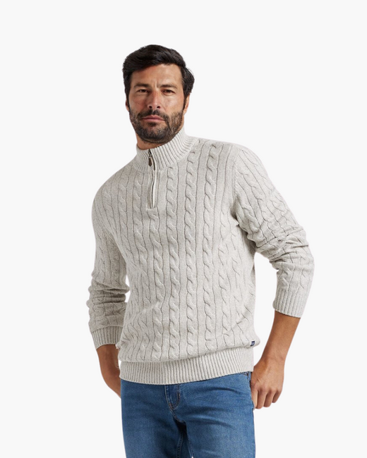 Lorenzo Men’s Classic Cable Knit Quarter-Zip Jumper with Ribbed Collar