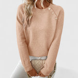 Women's Ribbed Knit Sweater with Crew Neck Long Sleeves Pearl Buttons and Heart Detail