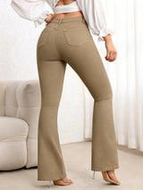 Women's Khaki High Waist Flare Jeans with Five-Pocket Design, Fitted Thigh and Clean Hem