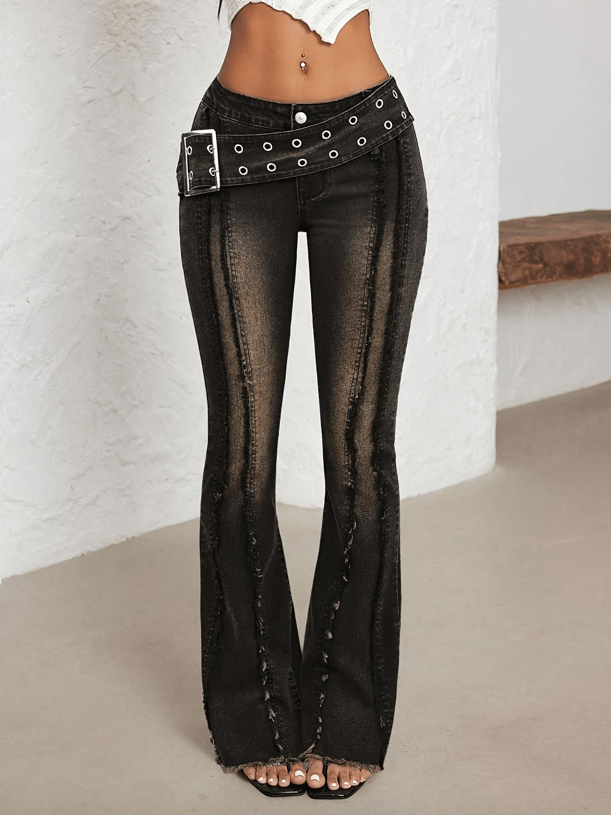 Women's Distressed Grommet Buckle Flare Jeans with Low Rise, Raw Seams and Frayed Hem