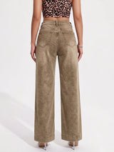 Women's Brown Vintage Wash Flare Jeans with High Waist, Five-Pocket Design and Wide Hem