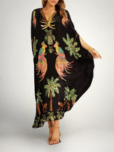 Women's Tropical Print Kaftan Maxi Dress with Sequin V-Neck and Batwing Sleeves