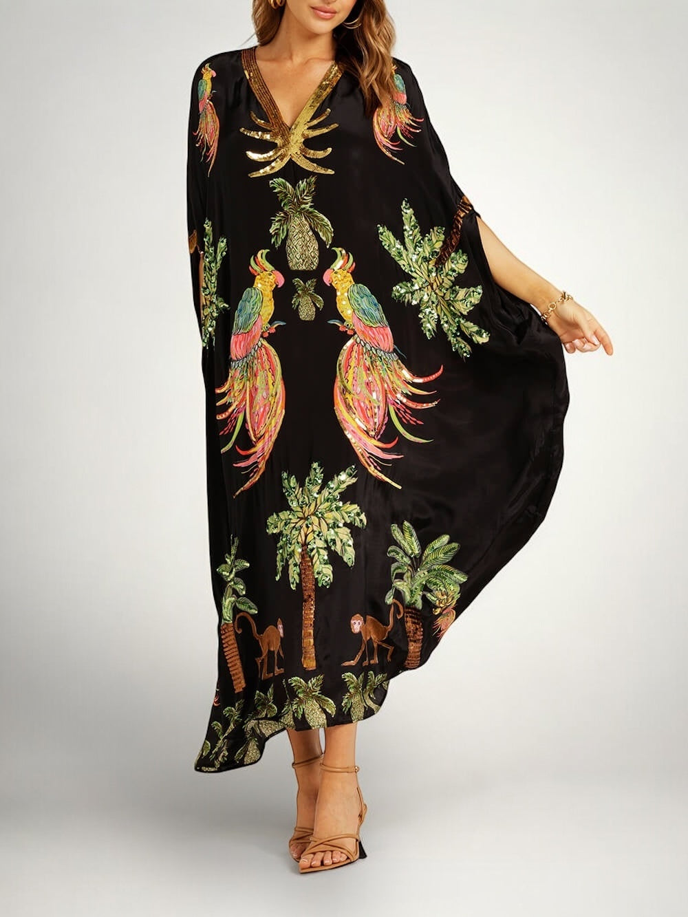 Women's Tropical Print Kaftan Maxi Dress with Sequin V-Neck and Batwing Sleeves