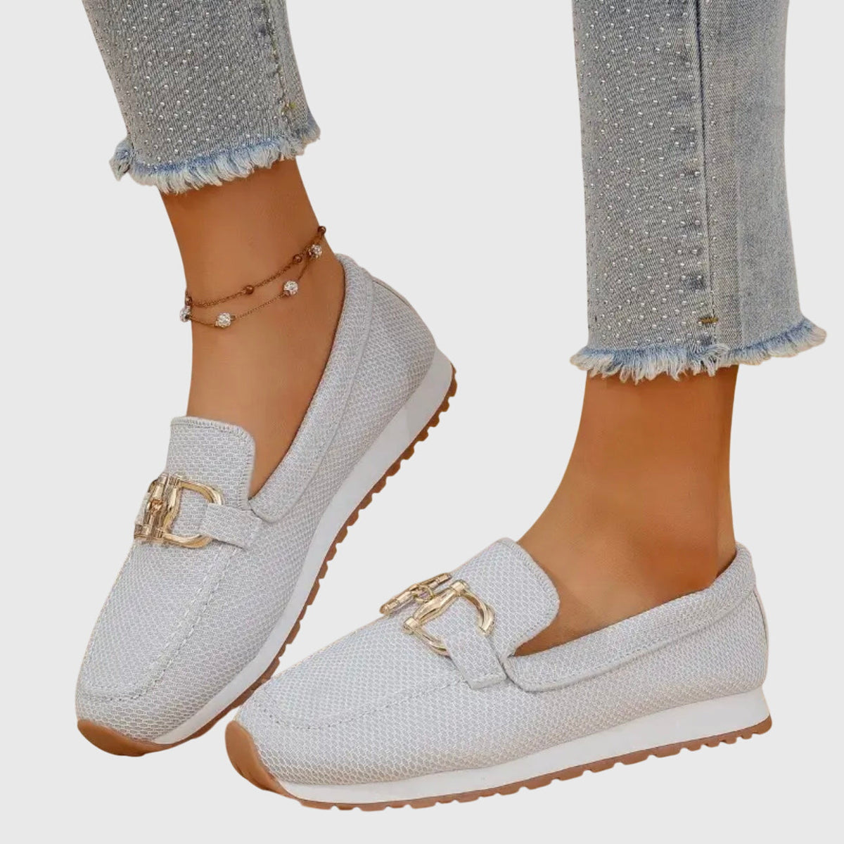 Women's Breathable Mesh Slip-On Loafers with Gold-Tone Buckle, Cushioned Insole and Non-Slip Sole