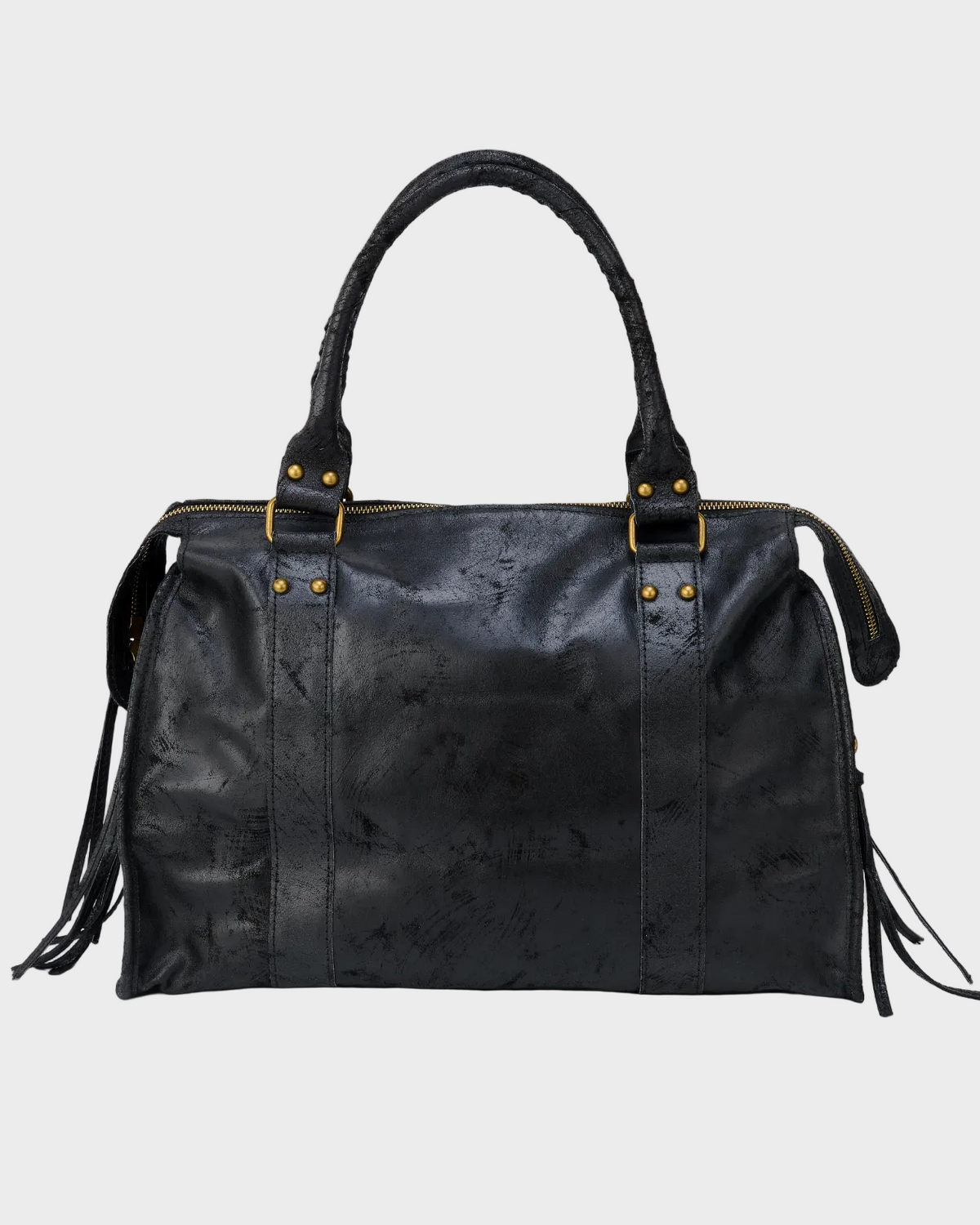 Women's Satchel Handbag with Fringe Tassels, Studs and Front Zip Pocket