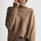 Women's Diamond Textured Turtleneck Knit Sweater with Oversized Fit, Ribbed Cuffs and Hem