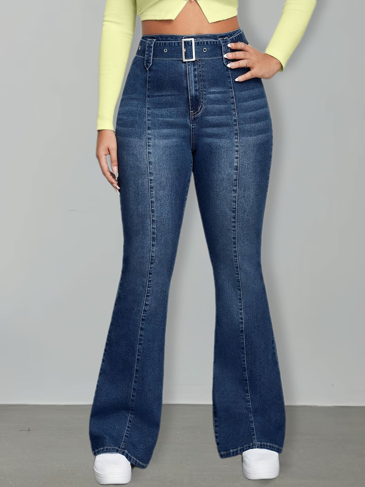 Women's Medium Blue High Waist Flare Jeans with Buckle Belt, Front Seam Detail and Wide Hem