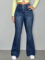 Women's Medium Blue High Waist Flare Jeans with Buckle Belt, Front Seam Detail and Wide Hem