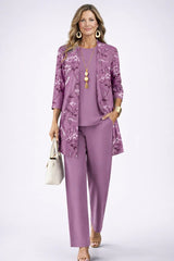 Women's 3-Piece Trouser Set with Longline Cardigan, Round Neck Top and Straight-Leg Trousers