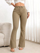 Women's Khaki High Waist Flare Jeans with Five-Pocket Design, Fitted Thigh and Clean Hem