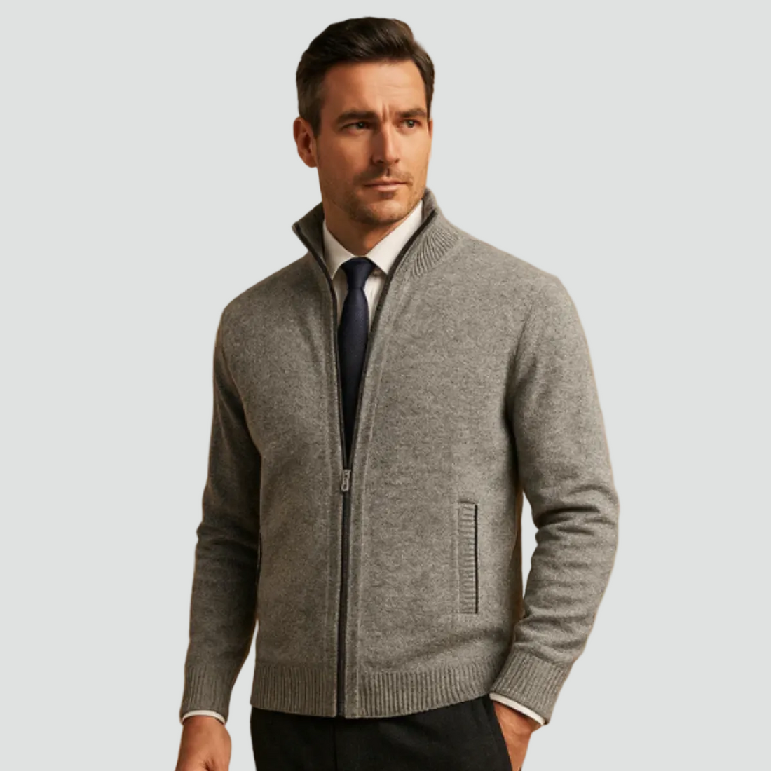 Men's Knitted Zip Cardigan with Standing Collar