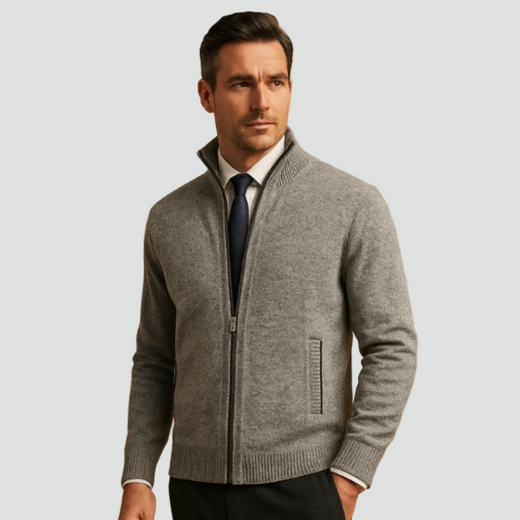 Men's Knitted Zip Cardigan with Standing Collar