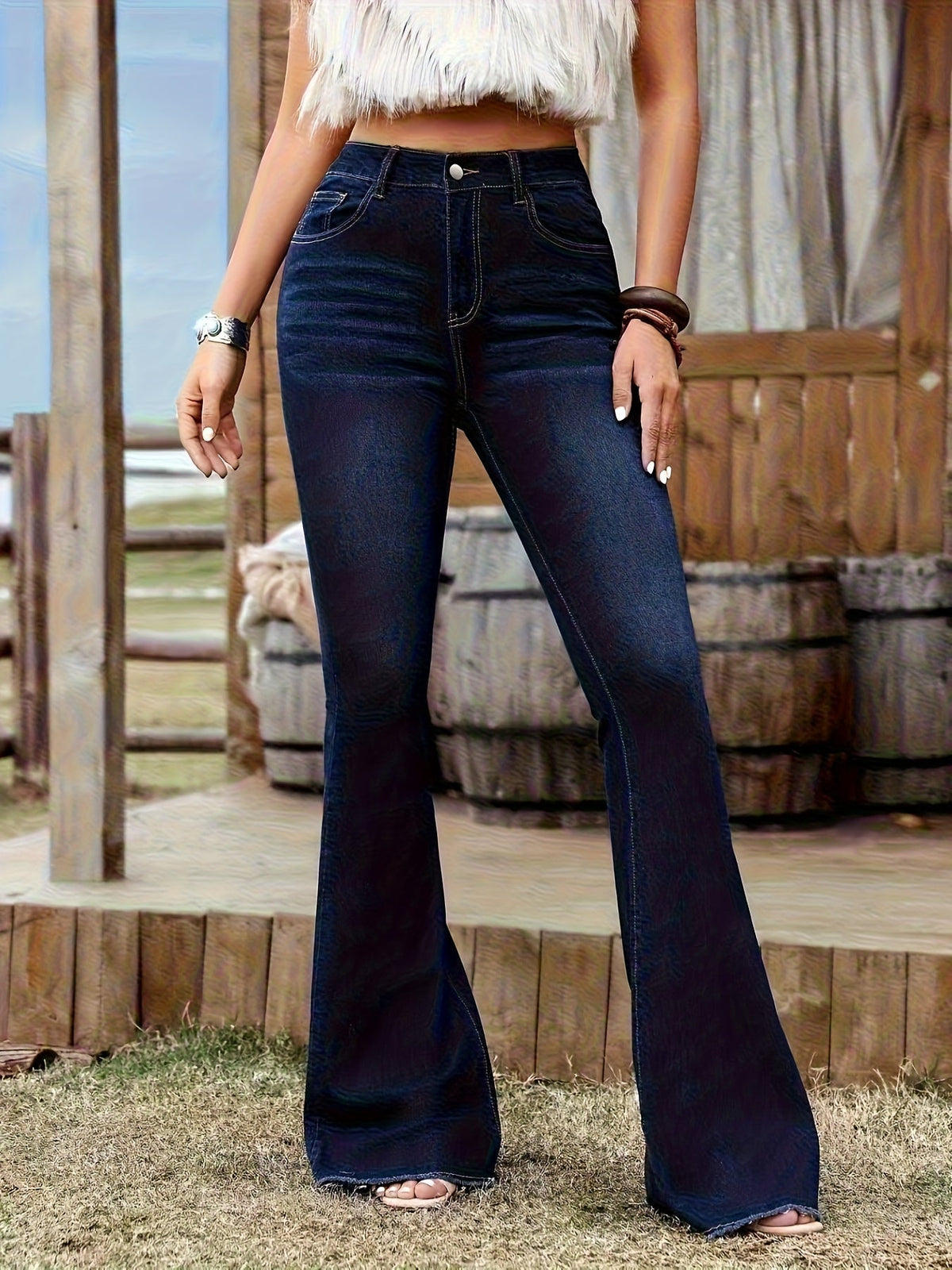 Women's Dark Blue Western Flare Jeans with High Waist, Contrast Stitching and Raw Hem