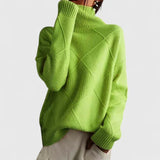 Women's Diamond Textured Turtleneck Knit Sweater with Oversized Fit, Ribbed Cuffs and Hem