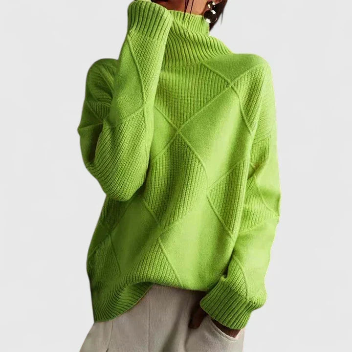 Women's Diamond Textured Turtleneck Knit Sweater with Oversized Fit, Ribbed Cuffs and Hem