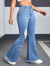 Women's Light Blue Heart Patch Flare Jeans with High Waist, Distressed Rips and Frayed Hem