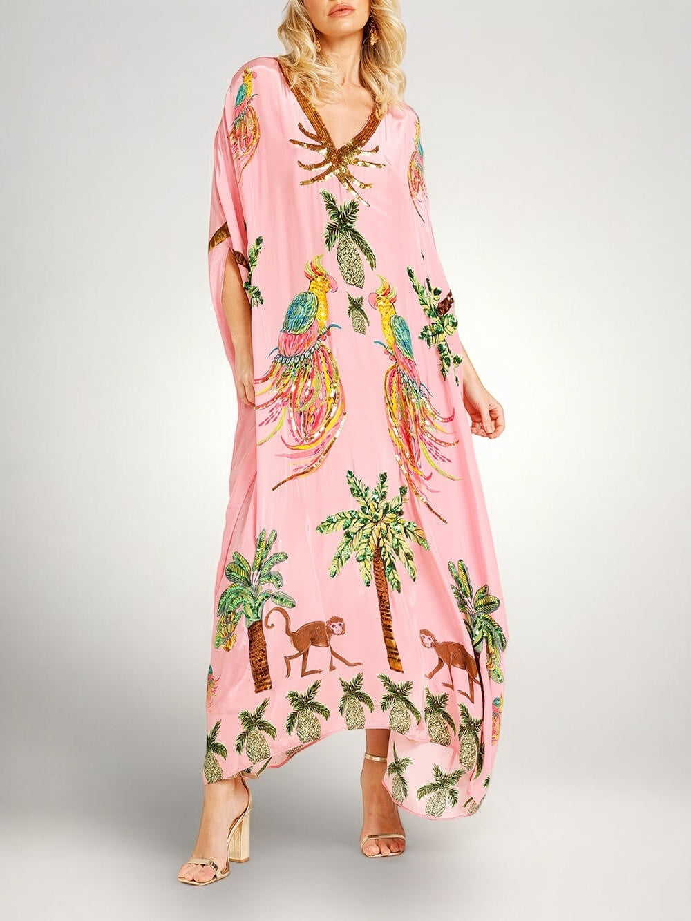 Women's Tropical Print Kaftan Maxi Dress with Sequin V-Neck and Batwing Sleeves