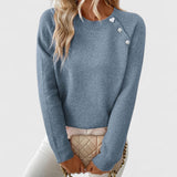 Women's Ribbed Knit Sweater with Crew Neck Long Sleeves Pearl Buttons and Heart Detail
