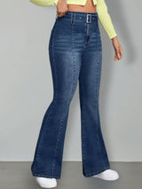 Women's Medium Blue High Waist Flare Jeans with Buckle Belt, Front Seam Detail and Wide Hem