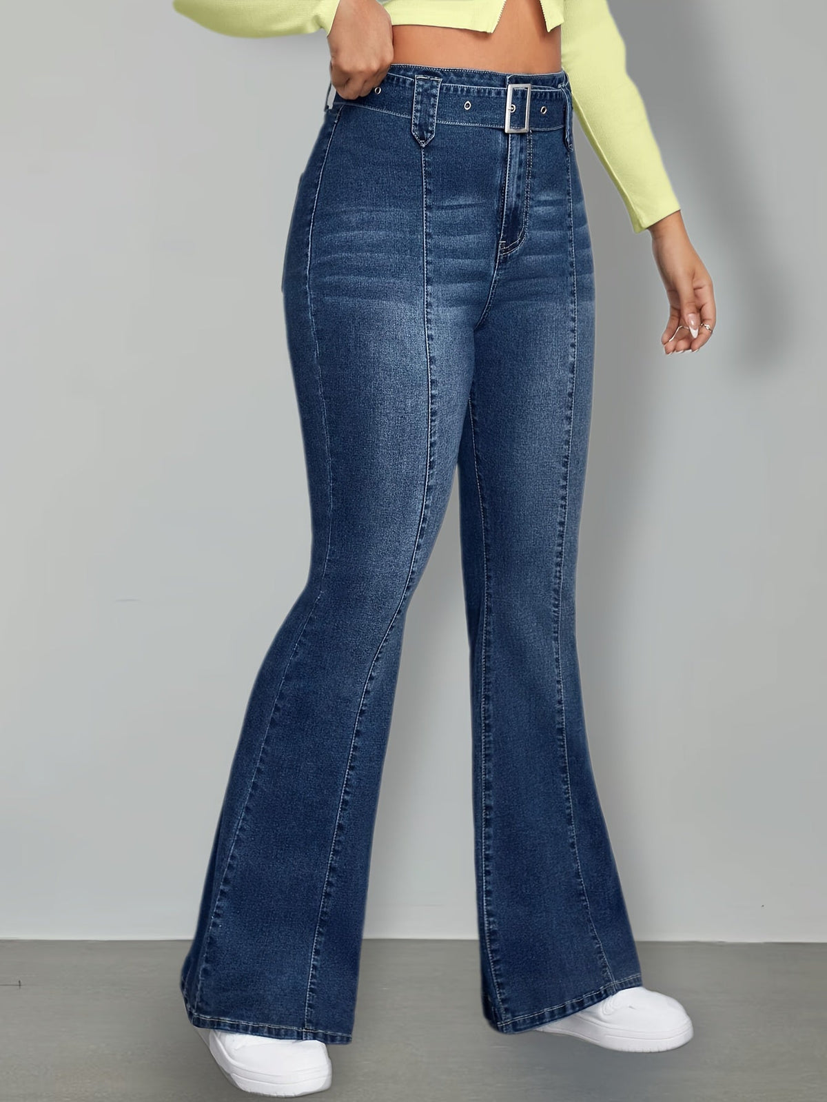 Women's Medium Blue High Waist Flare Jeans with Buckle Belt, Front Seam Detail and Wide Hem