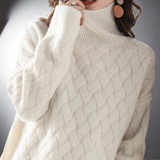 Women's Oversized Basketweave Knit Turtleneck Sweater with Long Sleeves and Ribbed Cuffs