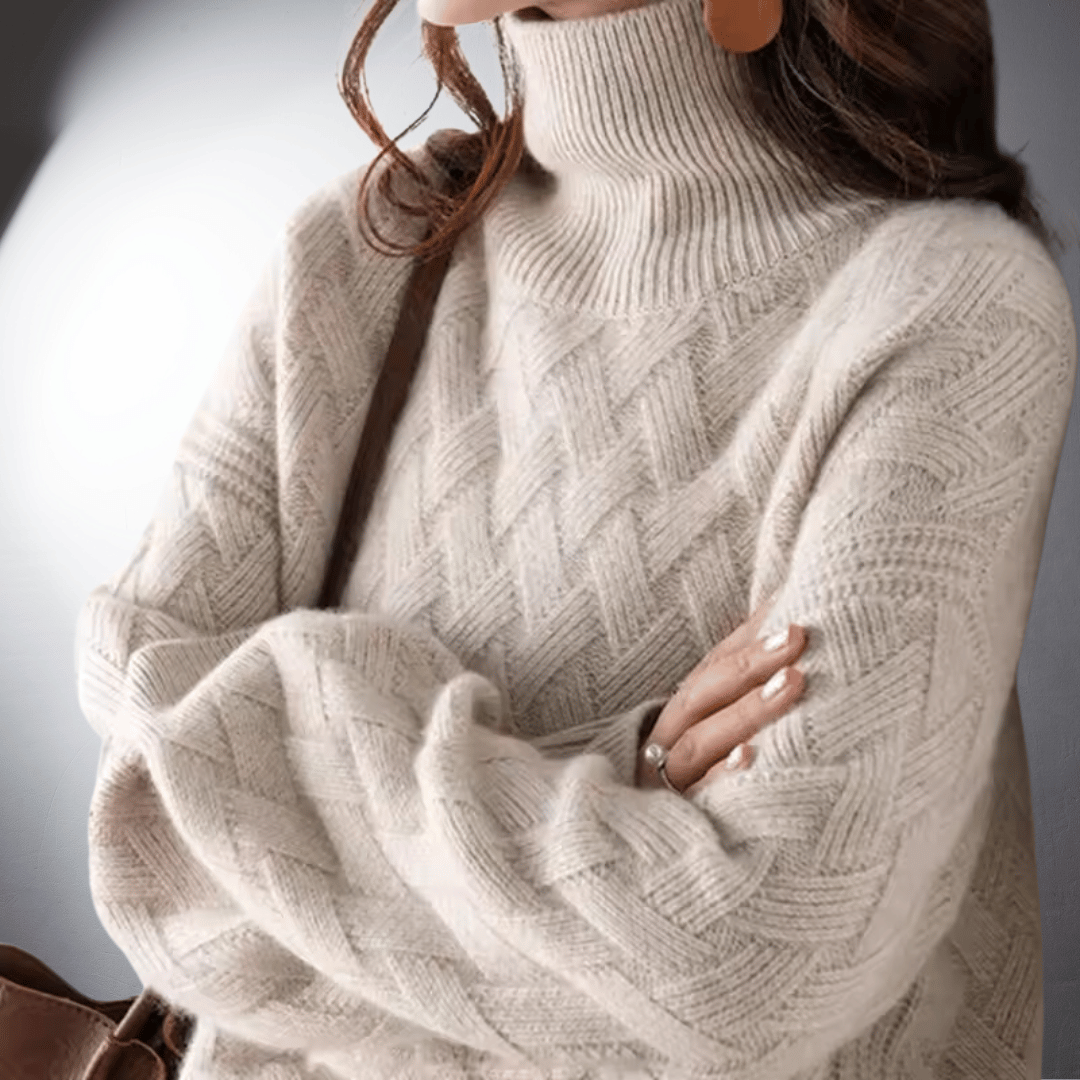 Women's Oversized Basketweave Knit Turtleneck Sweater with Long Sleeves and Ribbed Cuffs