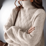 Women's Oversized Basketweave Knit Turtleneck Sweater with Long Sleeves and Ribbed Cuffs