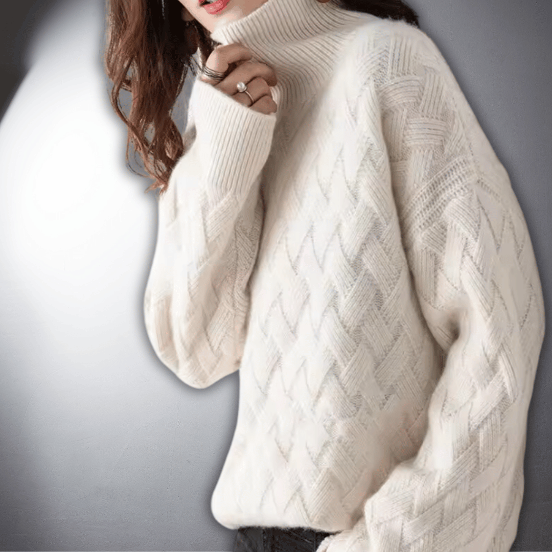 Women's Oversized Basketweave Knit Turtleneck Sweater with Long Sleeves and Ribbed Cuffs