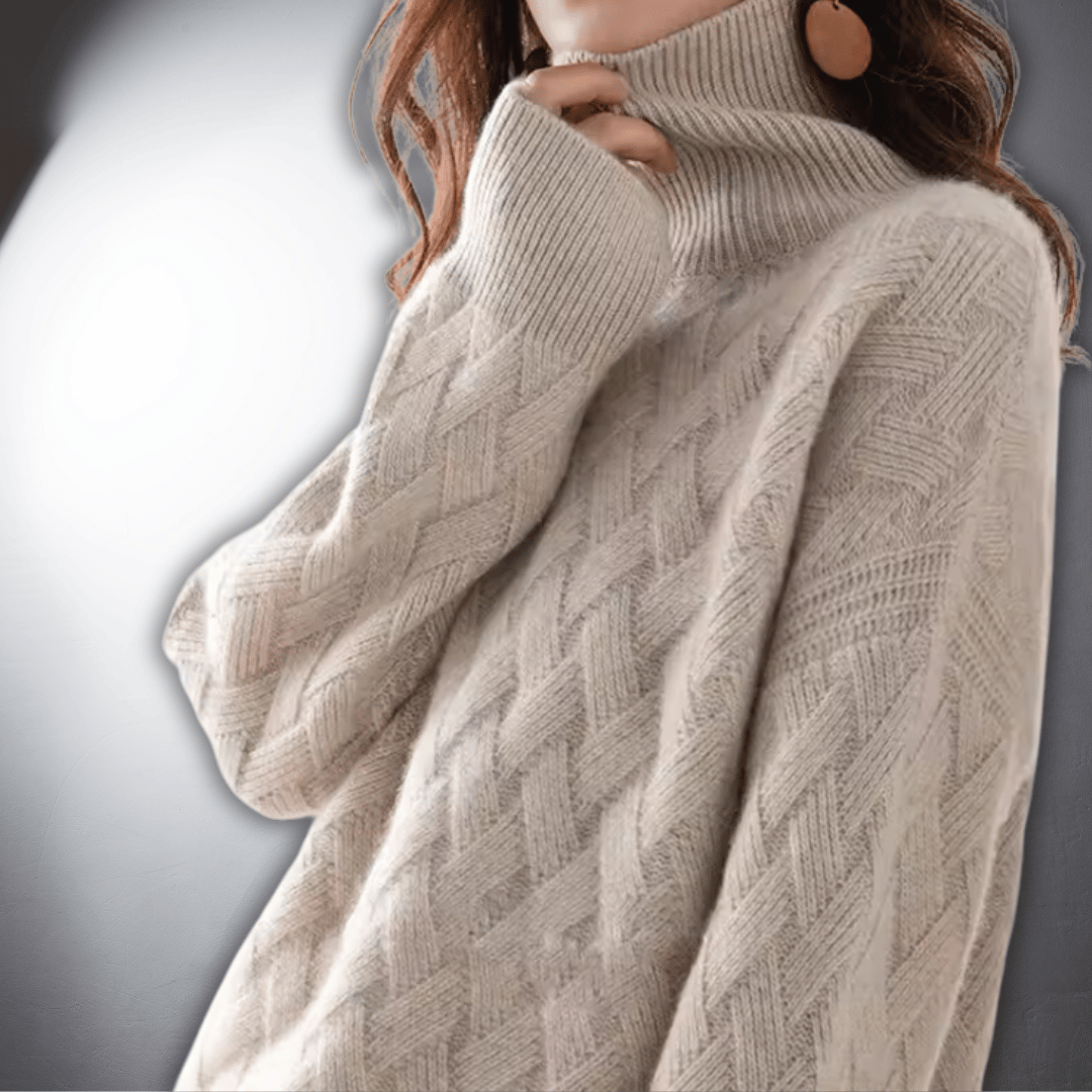 Women's Oversized Basketweave Knit Turtleneck Sweater with Long Sleeves and Ribbed Cuffs