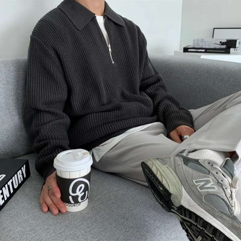 Men's Classic Knitted Zip Sweater with Loose Fit