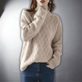 Women's Oversized Basketweave Knit Turtleneck Sweater with Long Sleeves and Ribbed Cuffs