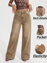 Women's Brown Vintage Wash Flare Jeans with High Waist, Five-Pocket Design and Wide Hem