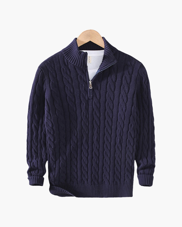 Lorenzo Men’s Classic Cable Knit Quarter-Zip Jumper with Ribbed Collar