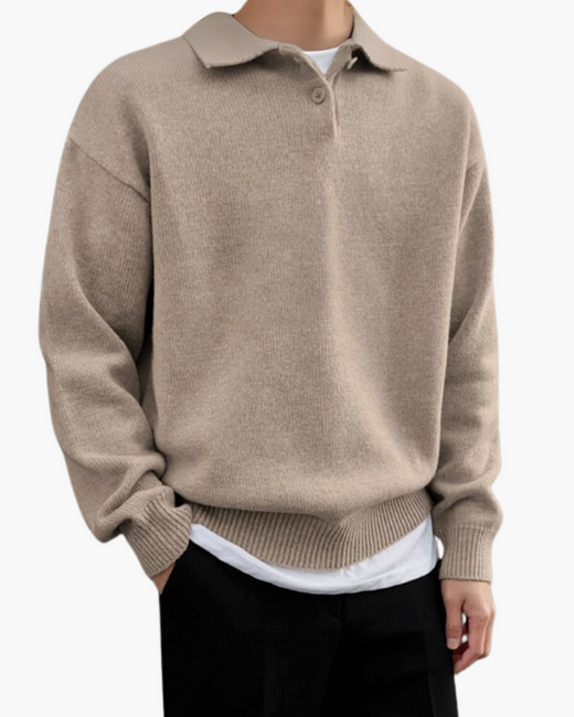 Men's Knitted Collar Sweater with Button Neck and Oversized Fit