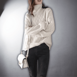 Women's Oversized Basketweave Knit Turtleneck Sweater with Long Sleeves and Ribbed Cuffs